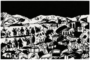 Incisione d'epoca del terremoto della Capitanata del 1627, con la gente in fuga tra le macerie