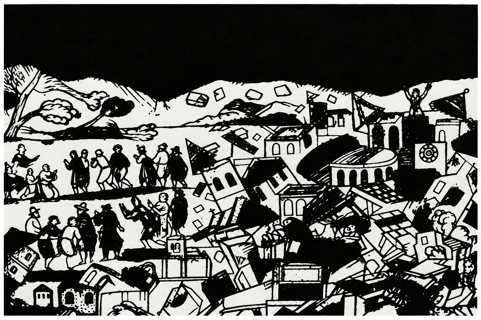 Incisione d'epoca del terremoto della Capitanata del 1627, con la gente in fuga tra le macerie