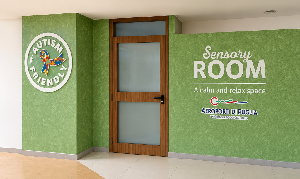 Ingresso della sensory room dell'aeroporto di Bari, spazio Autism Friendly di Aeroporti di Puglia