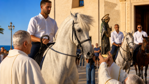 La festa di San Fantino il Cavallaro a Taureana di Palmi, i cavalli davanti alla chiesa