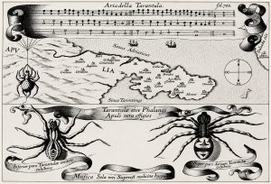 Tarantismo: la tavola di Athanasius Kircher del 1641 con la mappa della Puglia, lo spartito e i due ragni