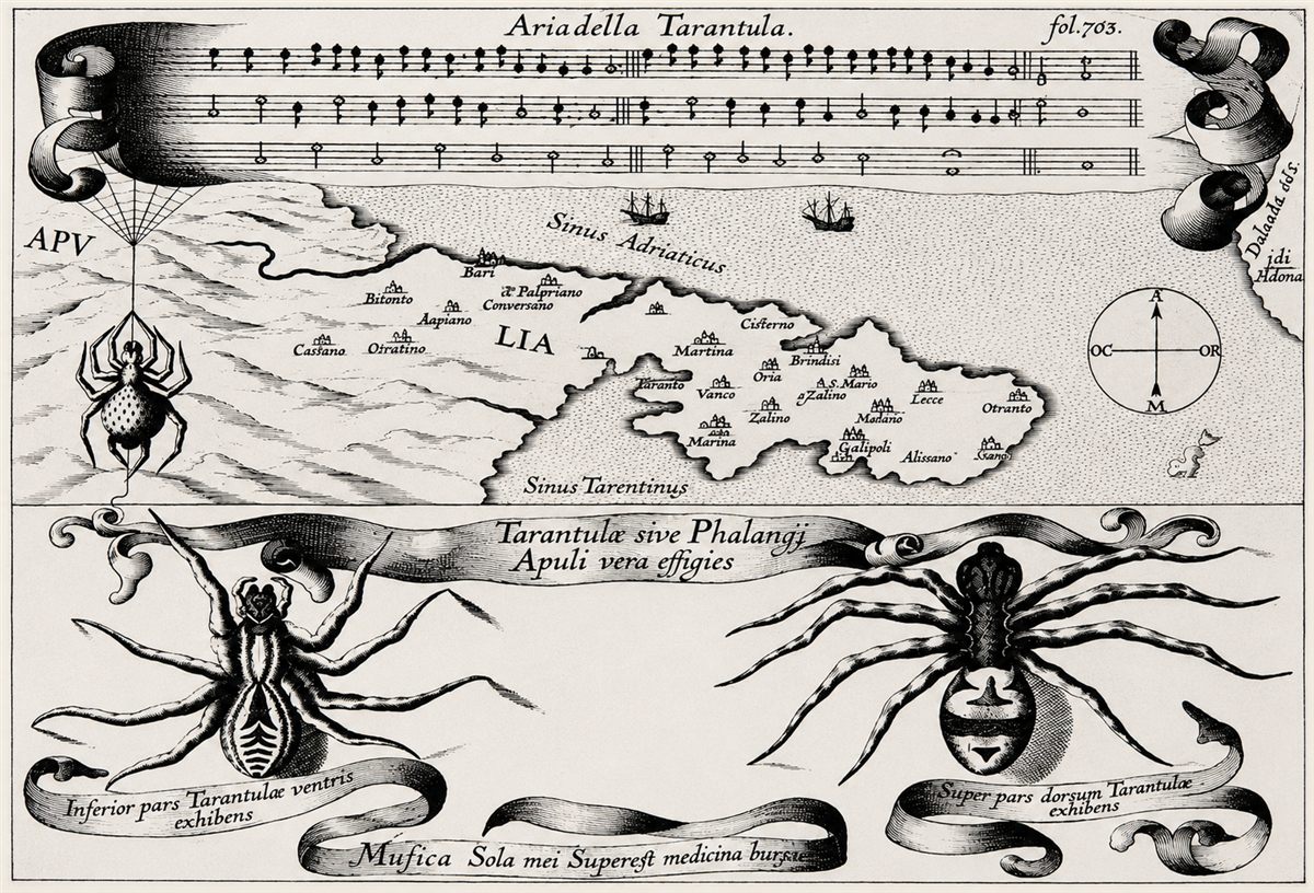 Tarantismo: la tavola di Athanasius Kircher del 1641 con la mappa della Puglia, lo spartito e i due ragni