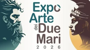 Locandina dell'Expo Arte dei Due Mari 2026 con i due volti che si guardano da una sponda all'altra dello Stretto